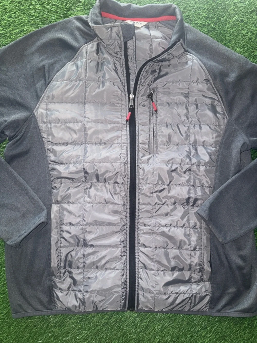 Orvis Gray and Black Quilted Hybrid Jacket with Red Trim